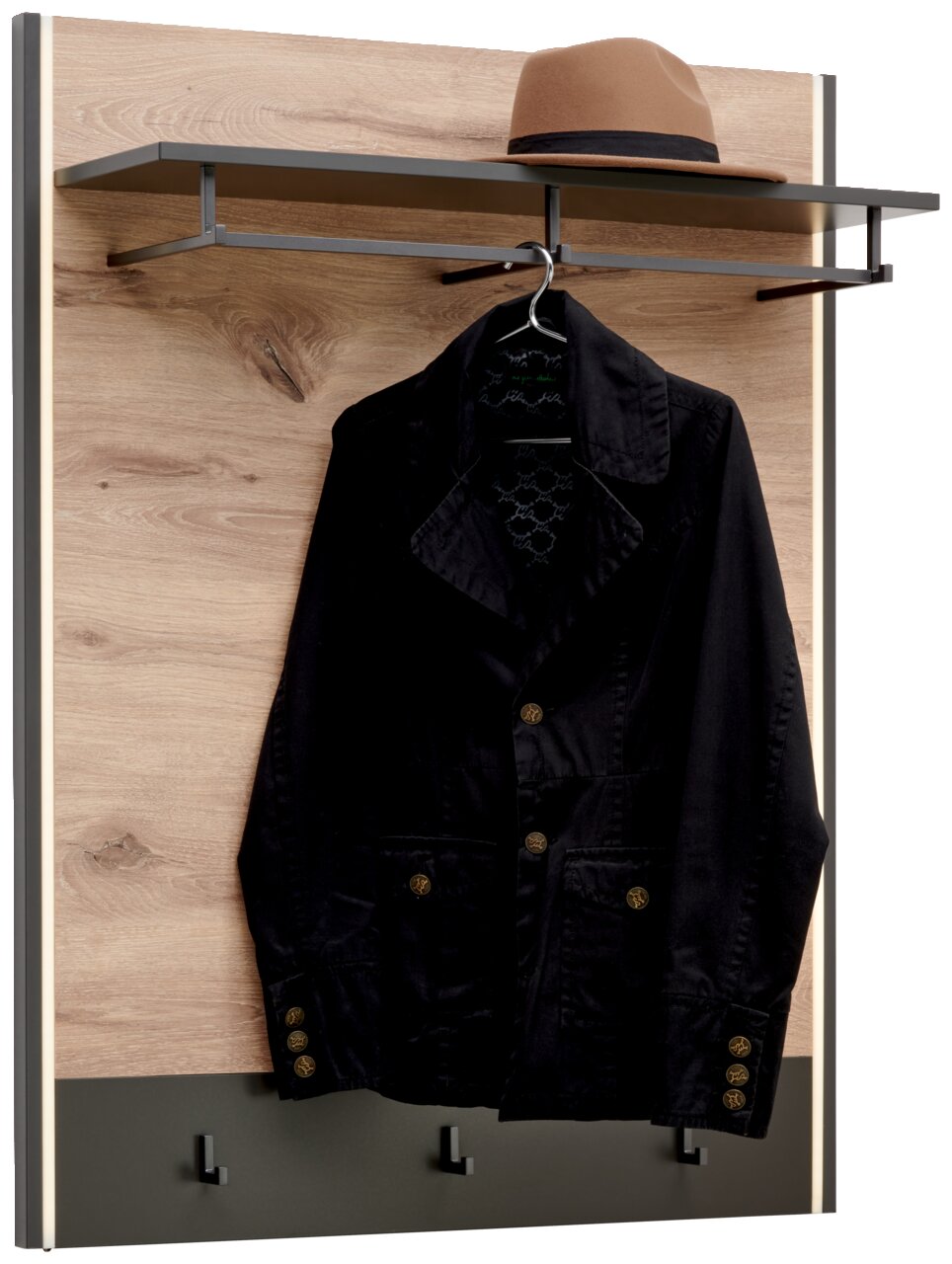 Garderobenpaneel aus Holz mit schwarzem Mantel und braunem Hut, seitliche Perspektive