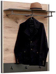 Garderobenpaneel aus Holz mit schwarzem Mantel und braunem Hut, seitliche Perspektive