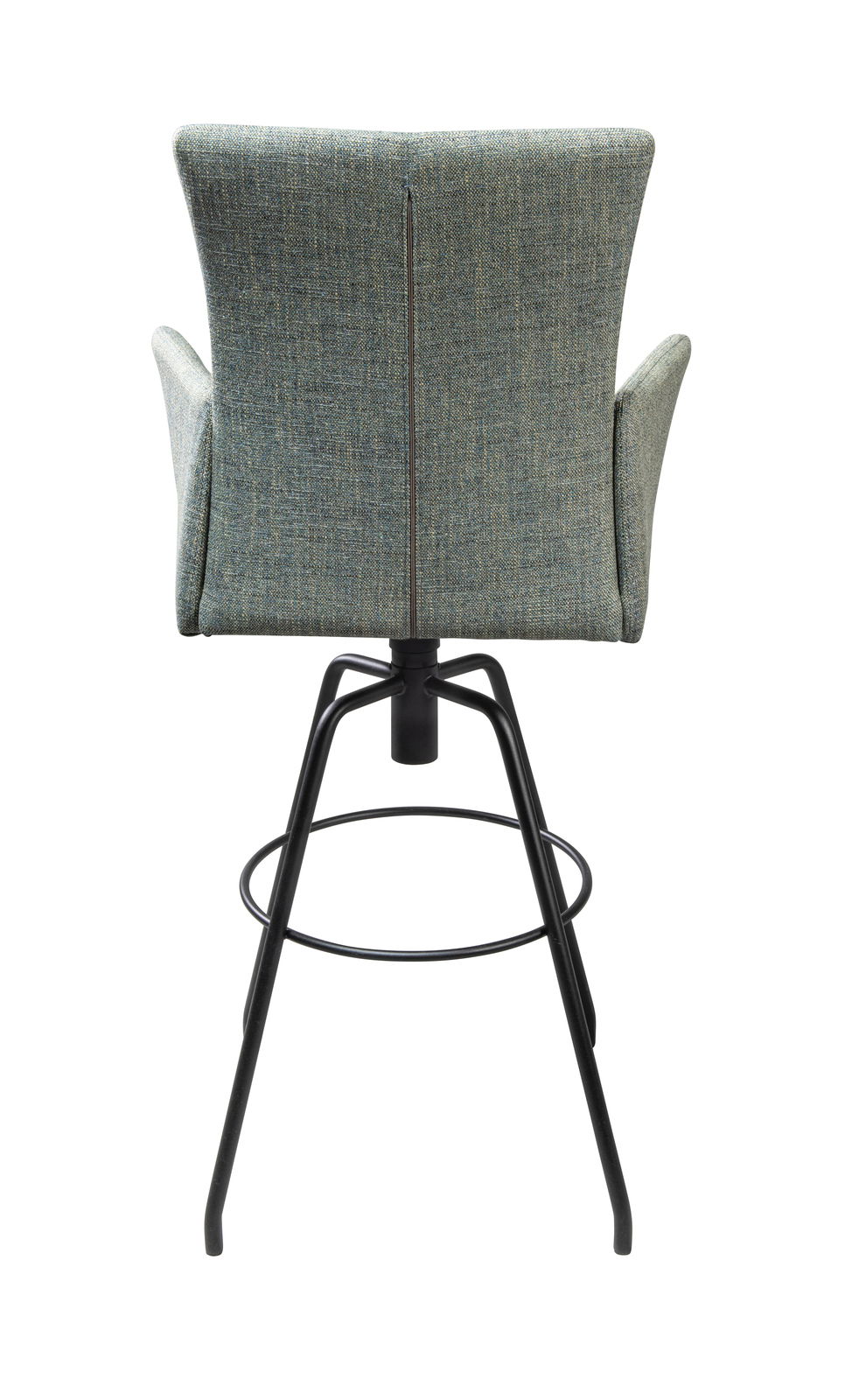 Rückansicht eines modernen Barhockers mit gepolsterter Rückenlehne und schwarzem Metallgestell.
