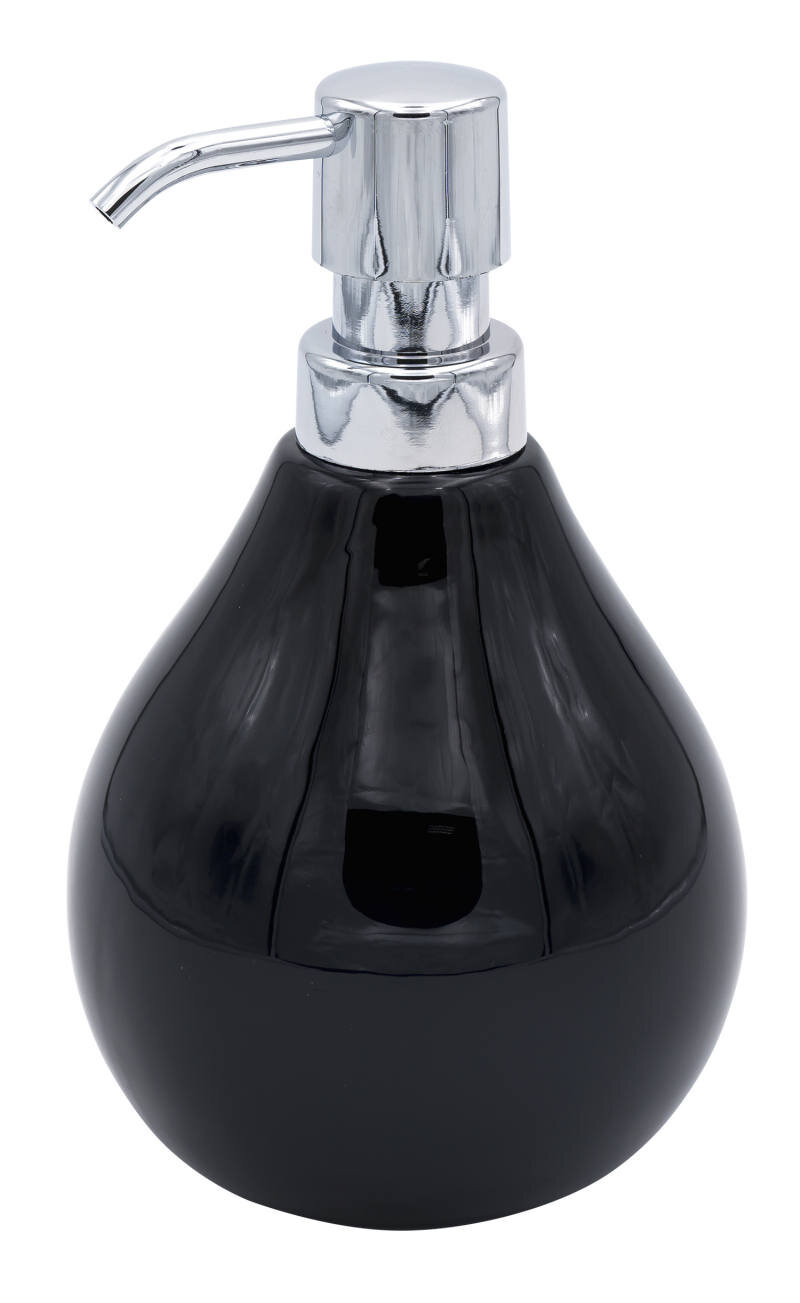 Sadena Seifenspender COPPALINO Schwarzer Seifenspender Coppalino mit glänzendem Chrom-Pumpkopf, frontal abgebildet.
