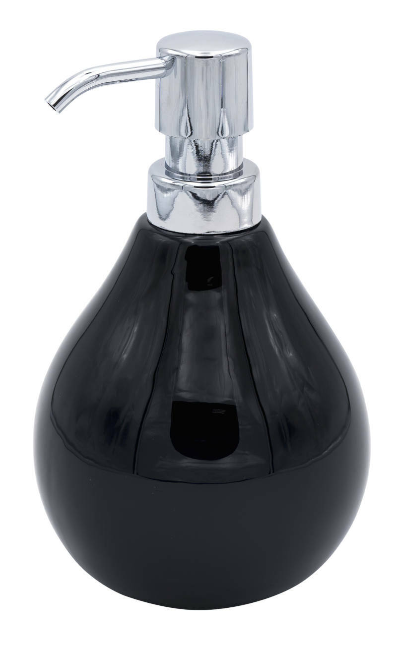 Schwarzer Seifenspender Coppalino mit glänzendem Chrom-Pumpkopf, frontal abgebildet.