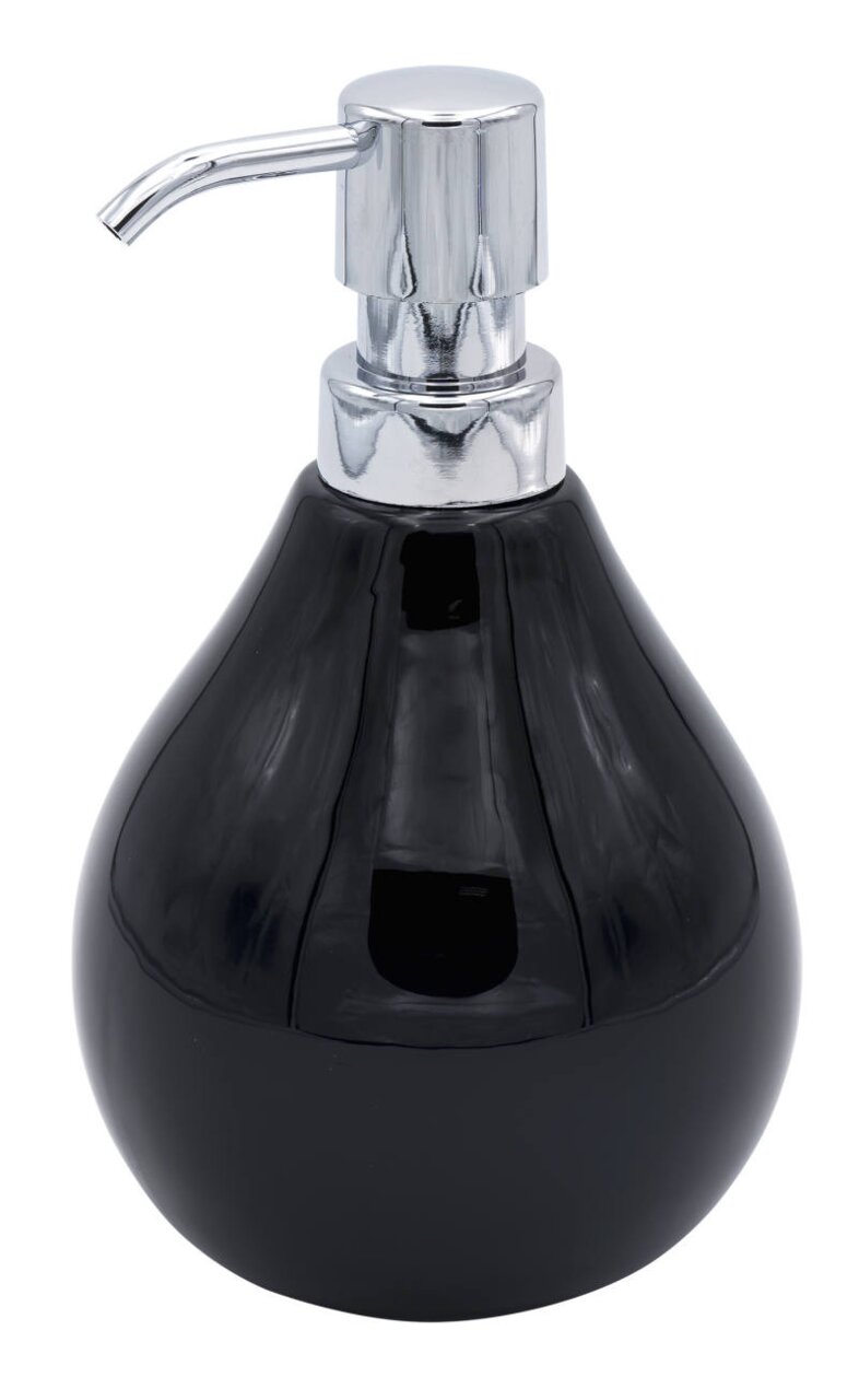 Sadena Seifenspender COPPALINO Schwarzer Seifenspender Coppalino mit glänzendem Chrom-Pumpkopf, frontal abgebildet.
