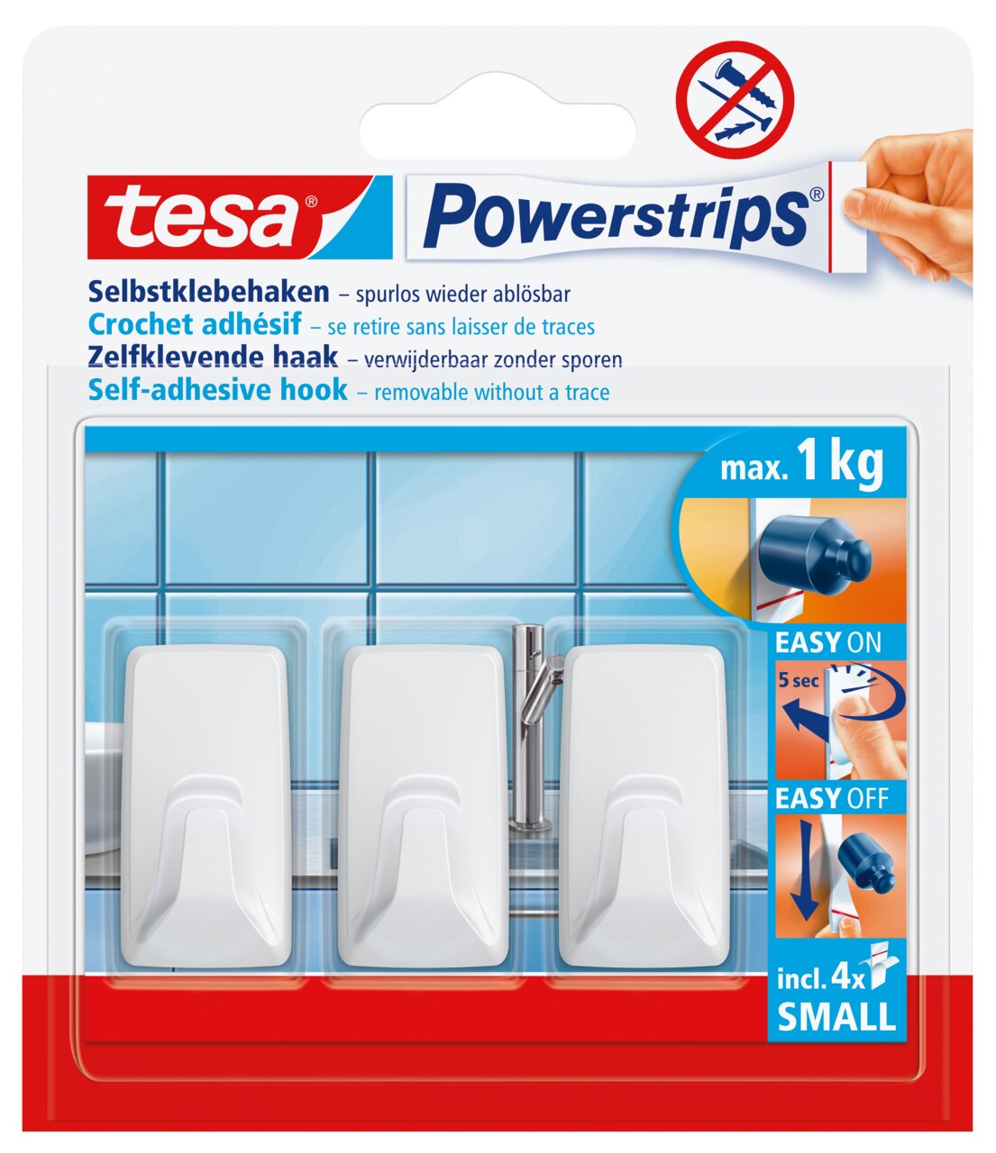 Drie witte zelfklevende haken van tesa Powerstrips, vooraan op een blauwe tegelwand, geschikt voor een belasting tot 1 kg.