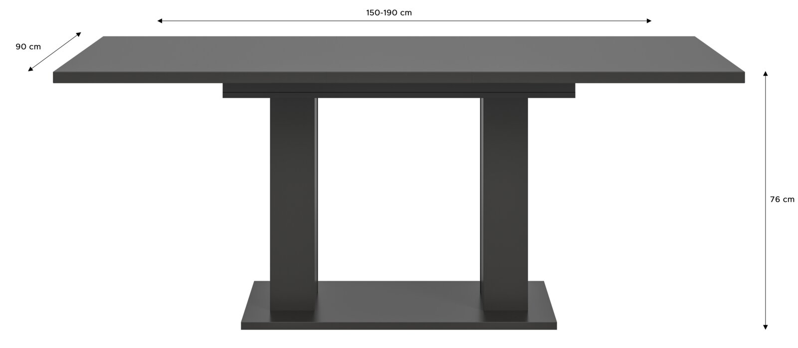 Moderner Esstisch in dunkler Farbe, ausziehbar von 150 cm auf 190 cm, mit stabiler Mittelsäule und rechteckiger Tischplatte, Seitenansicht.