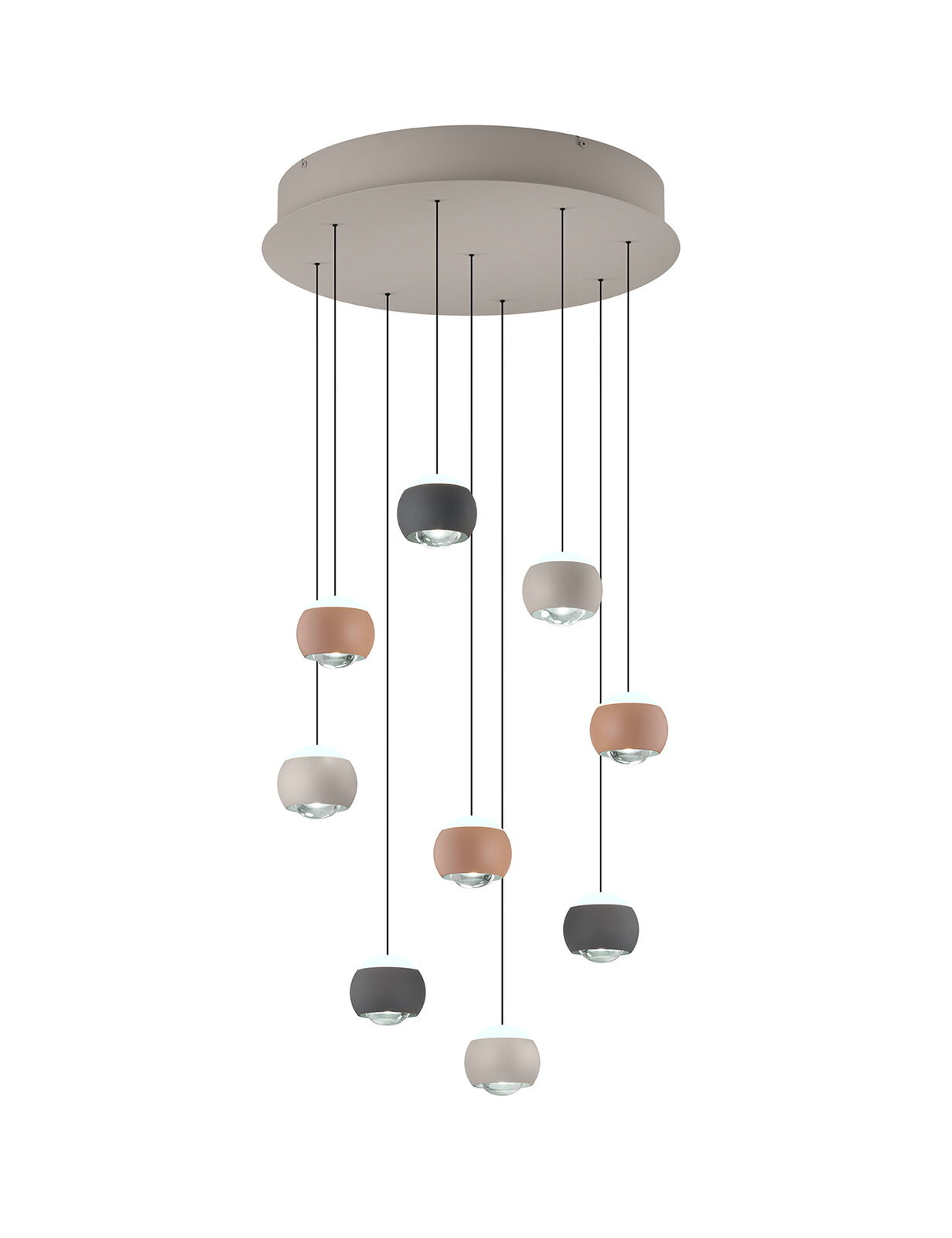 Moderne Pendelleuchte mit mehreren farbigen Lampenschirmen, von unten betrachtet.