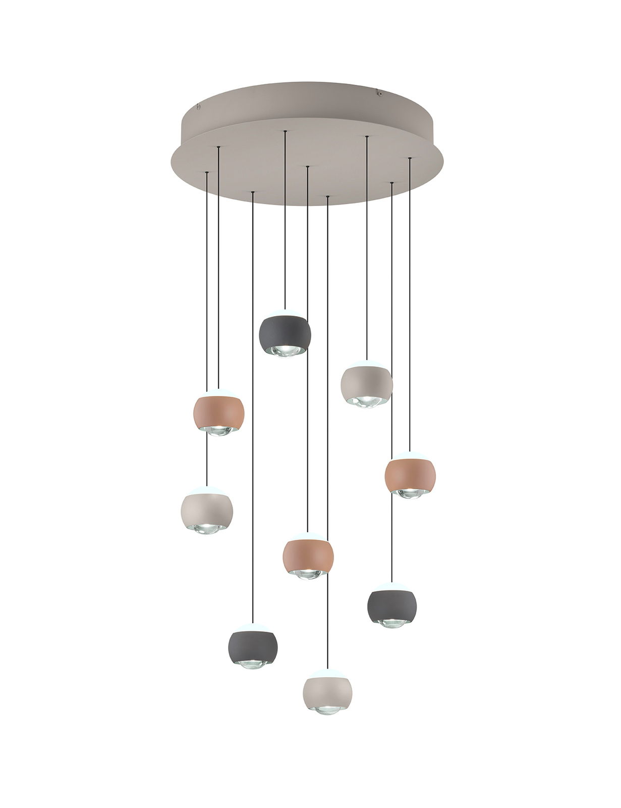 Moderne Pendelleuchte mit mehreren farbigen Lampenschirmen, von unten betrachtet.