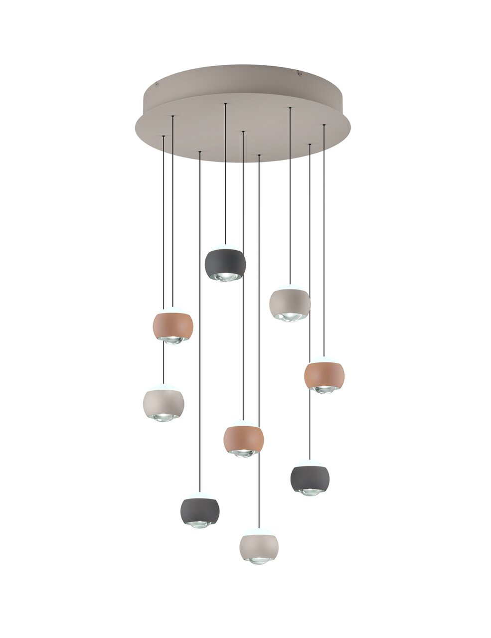 Moderne hanglamp met meerdere gekleurde lampenkappen, gezien van onderaf.