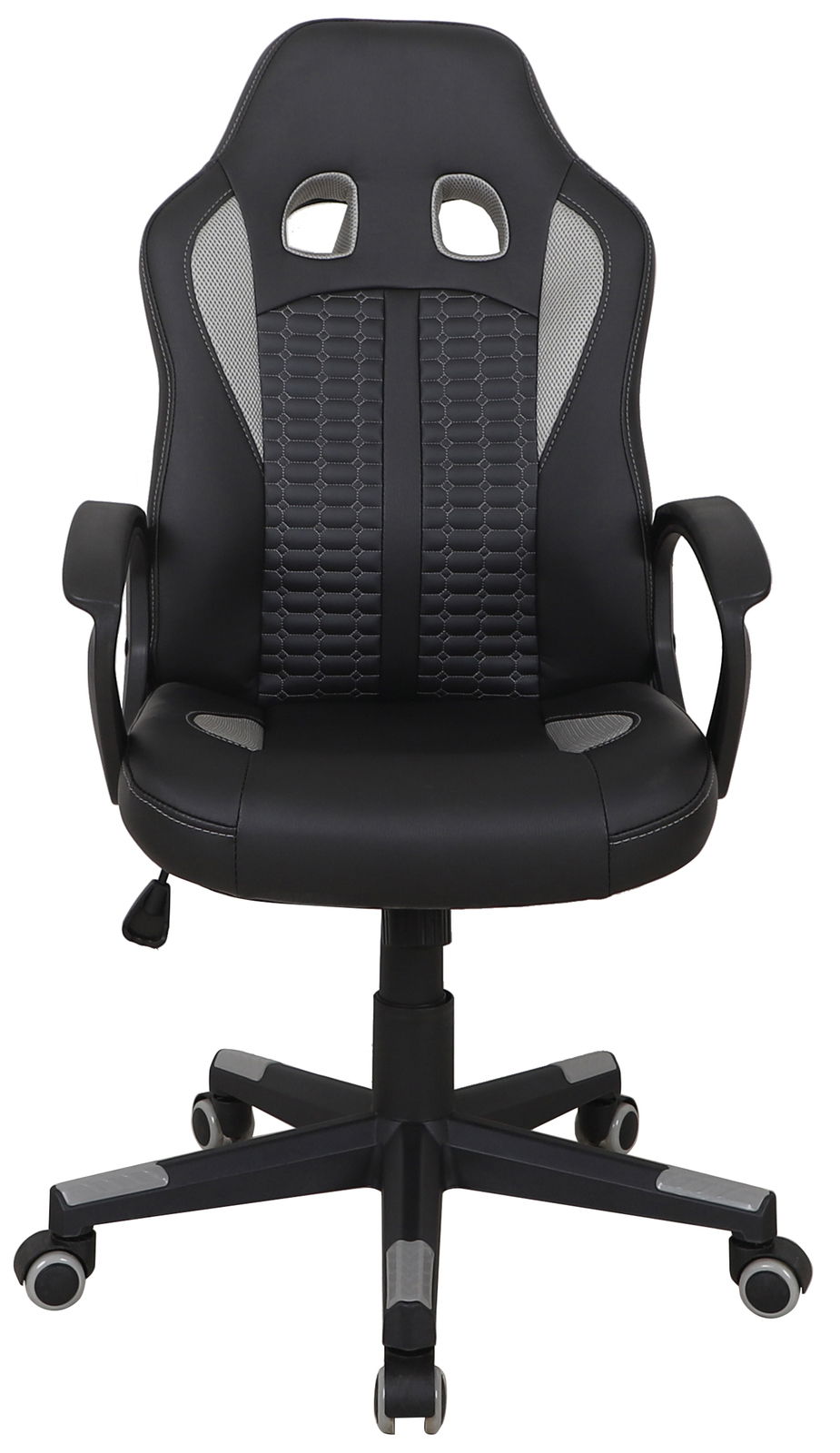 Schwarzer Gaming-Stuhl mit ergonomischem Design, Frontansicht