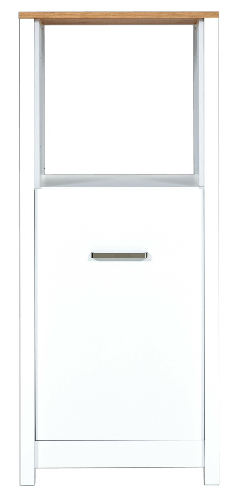 Frontale Ansicht eines weißen Herd-Umbauschranks mit Holzplatte und einer Tür mit Metallgriff.