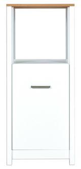 Frontale Ansicht eines weißen Herd-Umbauschranks mit Holzplatte und einer Tür mit Metallgriff.