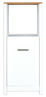 Frontale Ansicht eines weißen Herd-Umbauschranks mit Holzplatte und einer Tür mit Metallgriff.