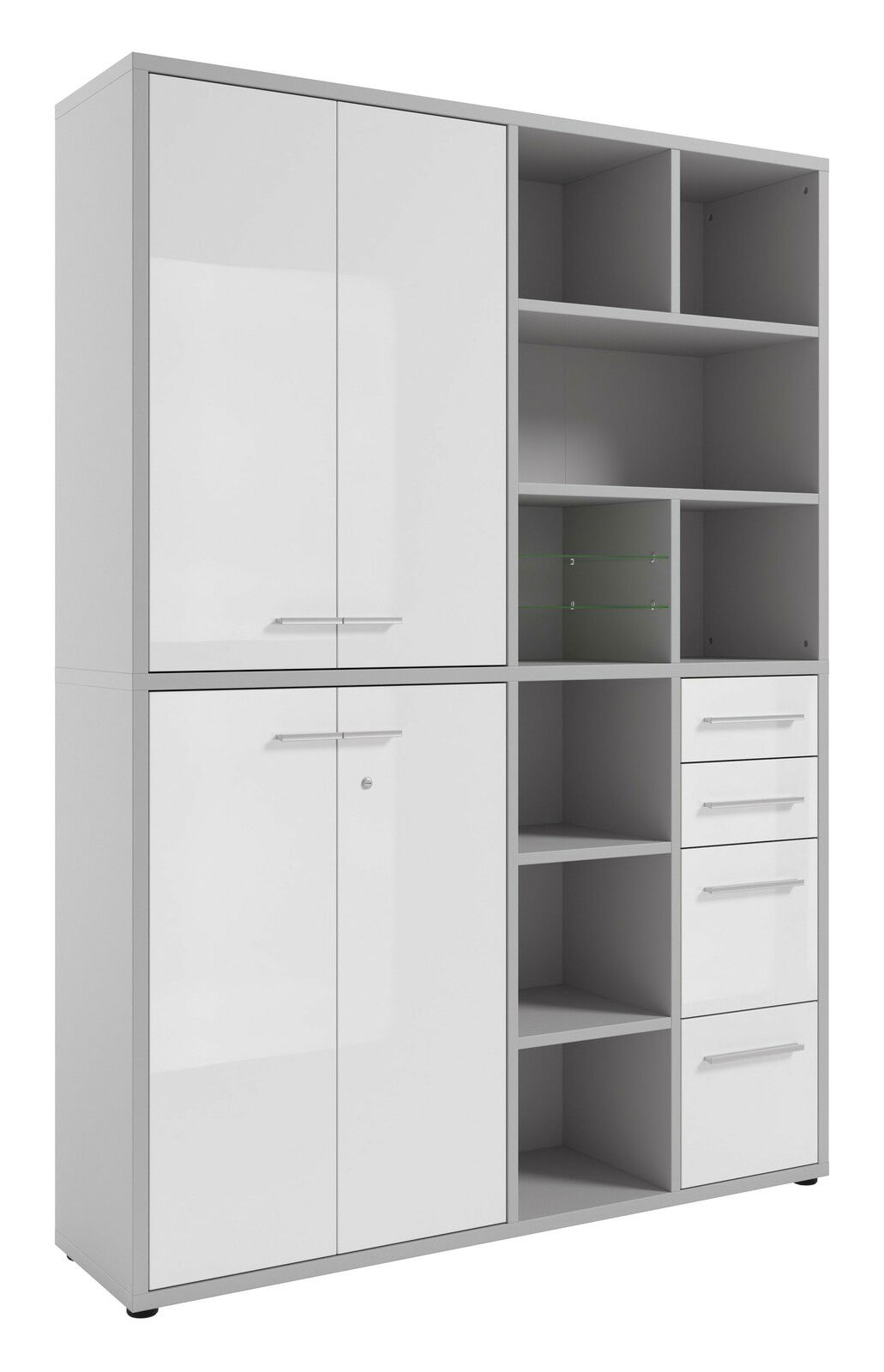 Manjana Home Office Kombination -Glas- TEXAS Moderner, hoher Aktenschrank mit zwei Türen, offenen Fächern und Schubladen, seitliche Perspektive.