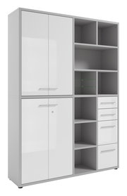 Moderner, hoher Aktenschrank mit zwei Türen, offenen Fächern und Schubladen, seitliche Perspektive.