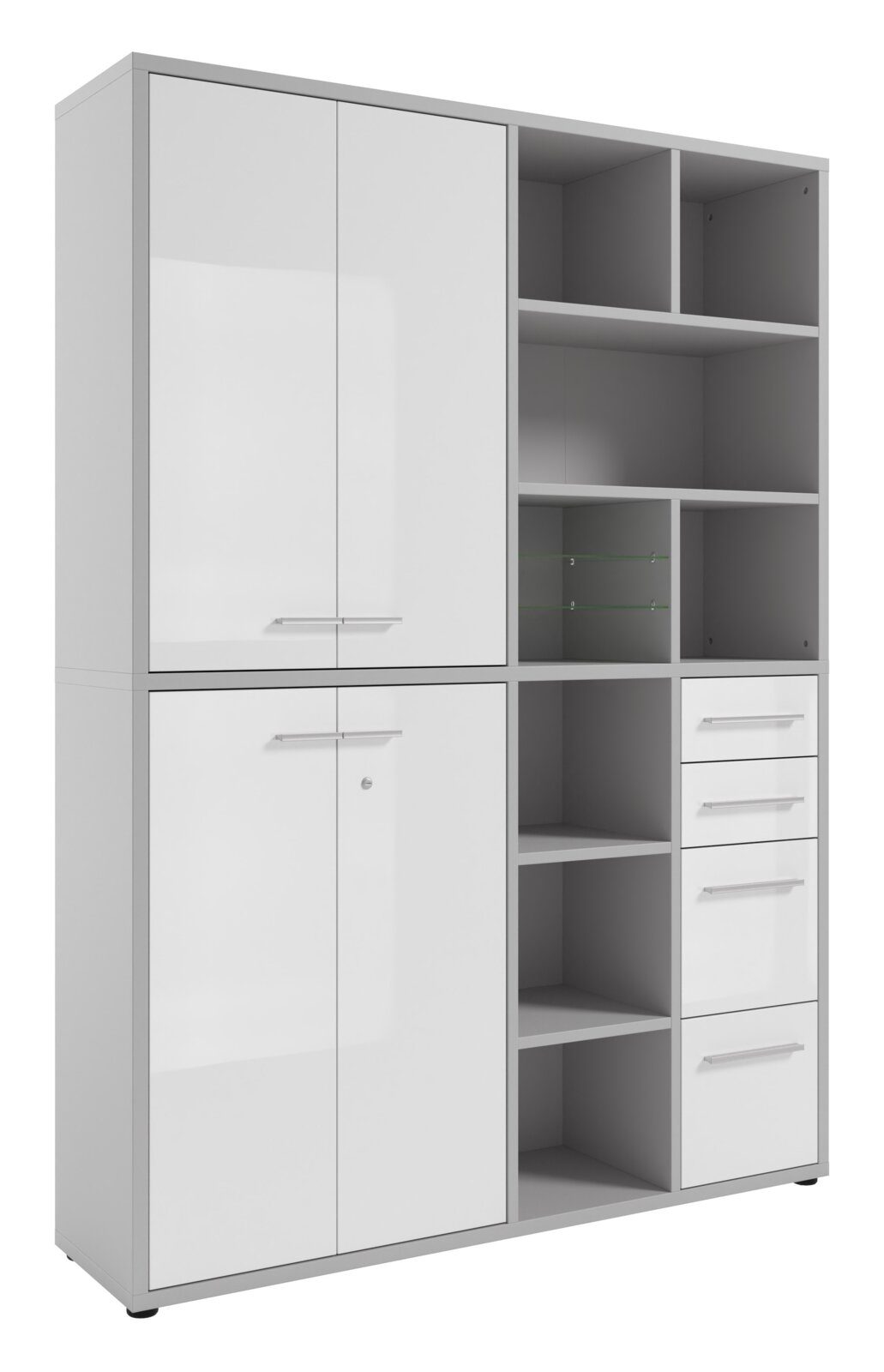 Moderne, hoge archiefkast met twee deuren, open vakken en lades, gezien vanaf de zijkant.