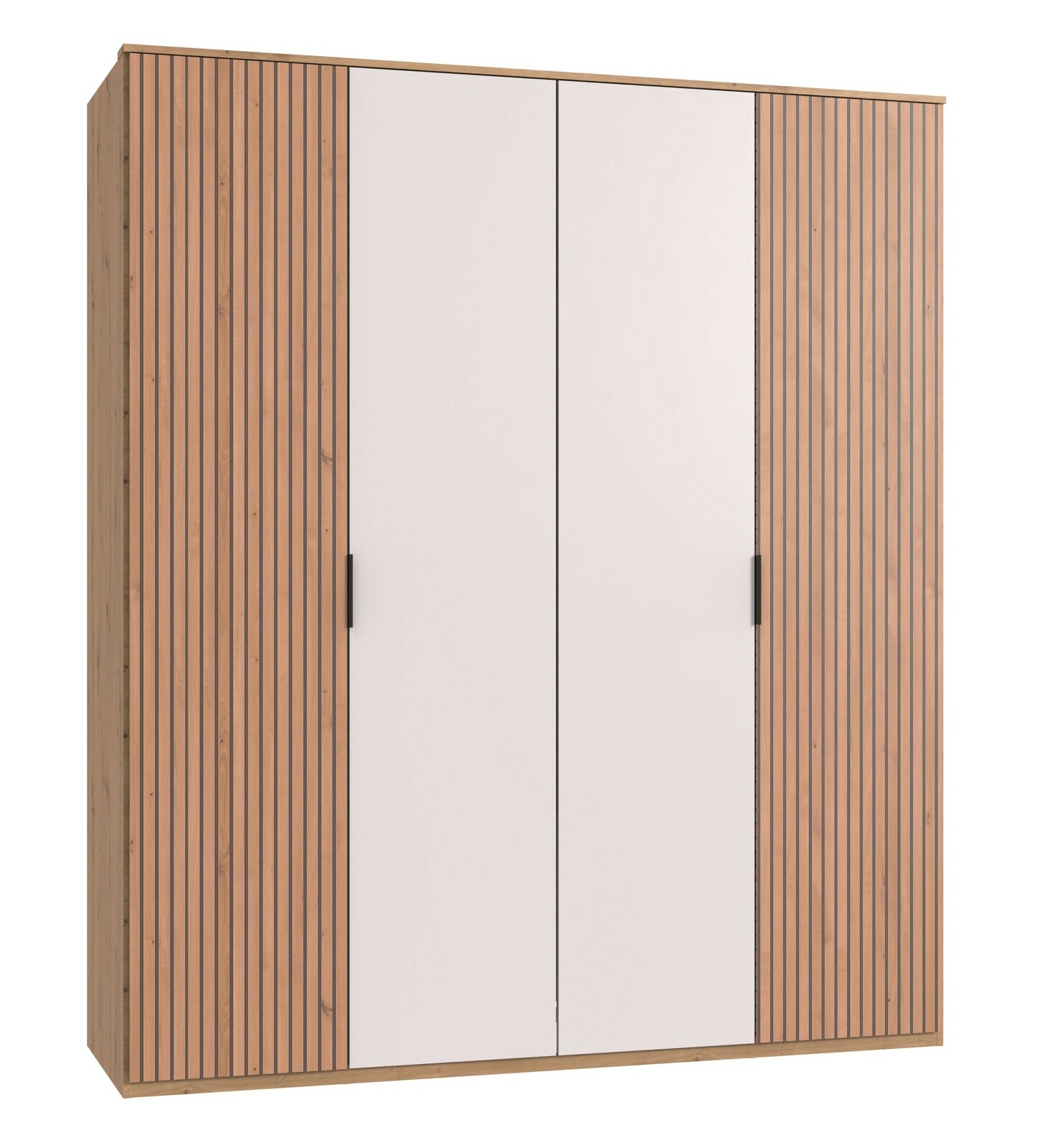 Drehtürenschrank 4-türig in Holzoptik mit weißen Mitteltüren, Frontalansicht