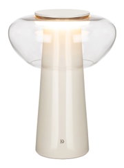 Moderne LED-Tischleuchte mit klarem Glas und elegantem, konischem Sockel, seitliche Perspektive
