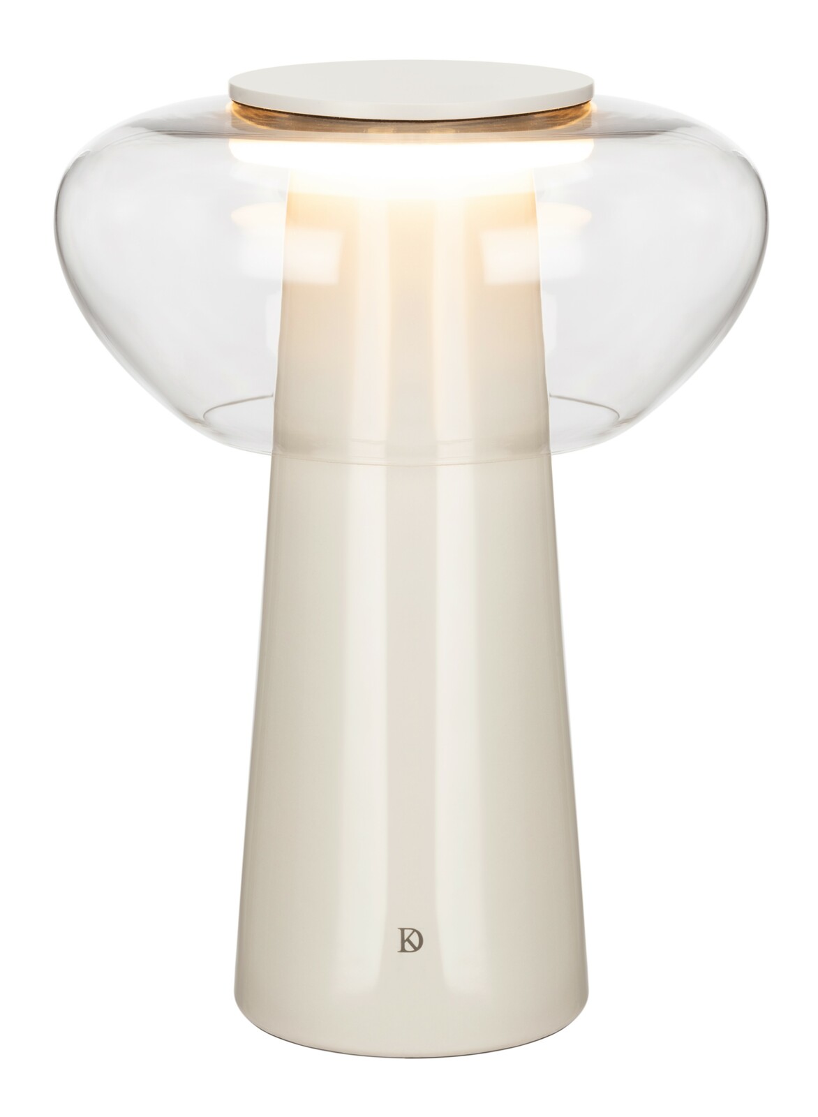 Moderne LED-Tischleuchte mit klarem Glas und elegantem, konischem Sockel, seitliche Perspektive