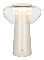 Moderne LED-Tischleuchte mit klarem Glas und elegantem, konischem Sockel, seitliche Perspektive