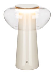 Moderne LED-Tischleuchte mit klarem Glas und elegantem, konischem Sockel, seitliche Perspektive
