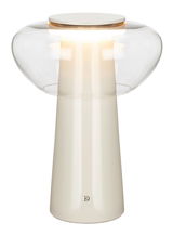 Moderne LED-Tischleuchte mit klarem Glas und elegantem, konischem Sockel, seitliche Perspektive