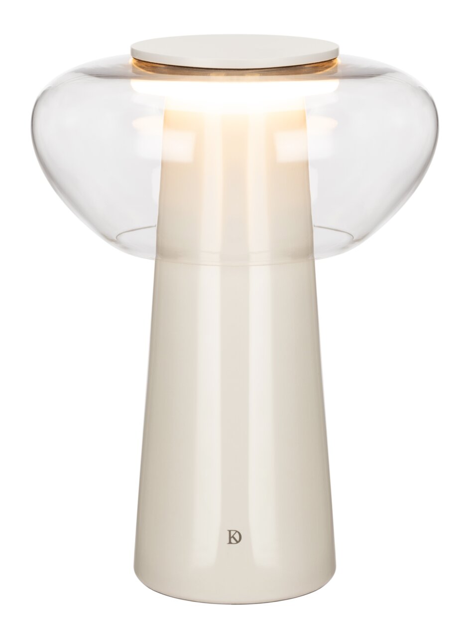 Moderne LED-Tischleuchte mit klarem Glas und elegantem, konischem Sockel, seitliche Perspektive