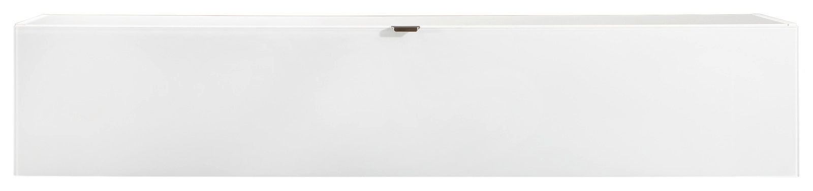 Weißer Hängeschrank in Frontalansicht mit schlichtem Design und einem kleinen Griff in der Mitte.