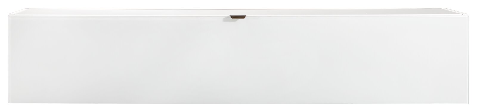 Weißer Hängeschrank in Frontalansicht mit schlichtem Design und einem kleinen Griff in der Mitte.