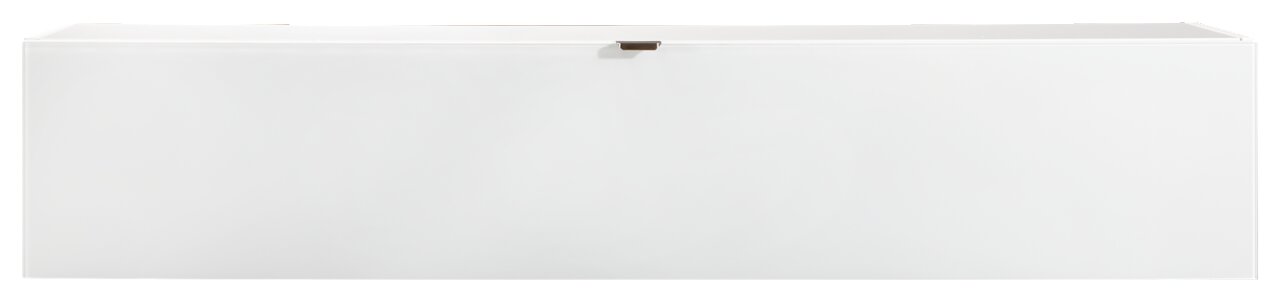 Weißer Hängeschrank in Frontalansicht mit schlichtem Design und einem kleinen Griff in der Mitte.