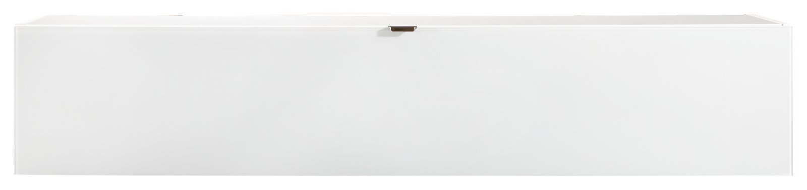 Witte hangkast in vooraanzicht, met een strak ontwerp en een klein handvat in het midden.