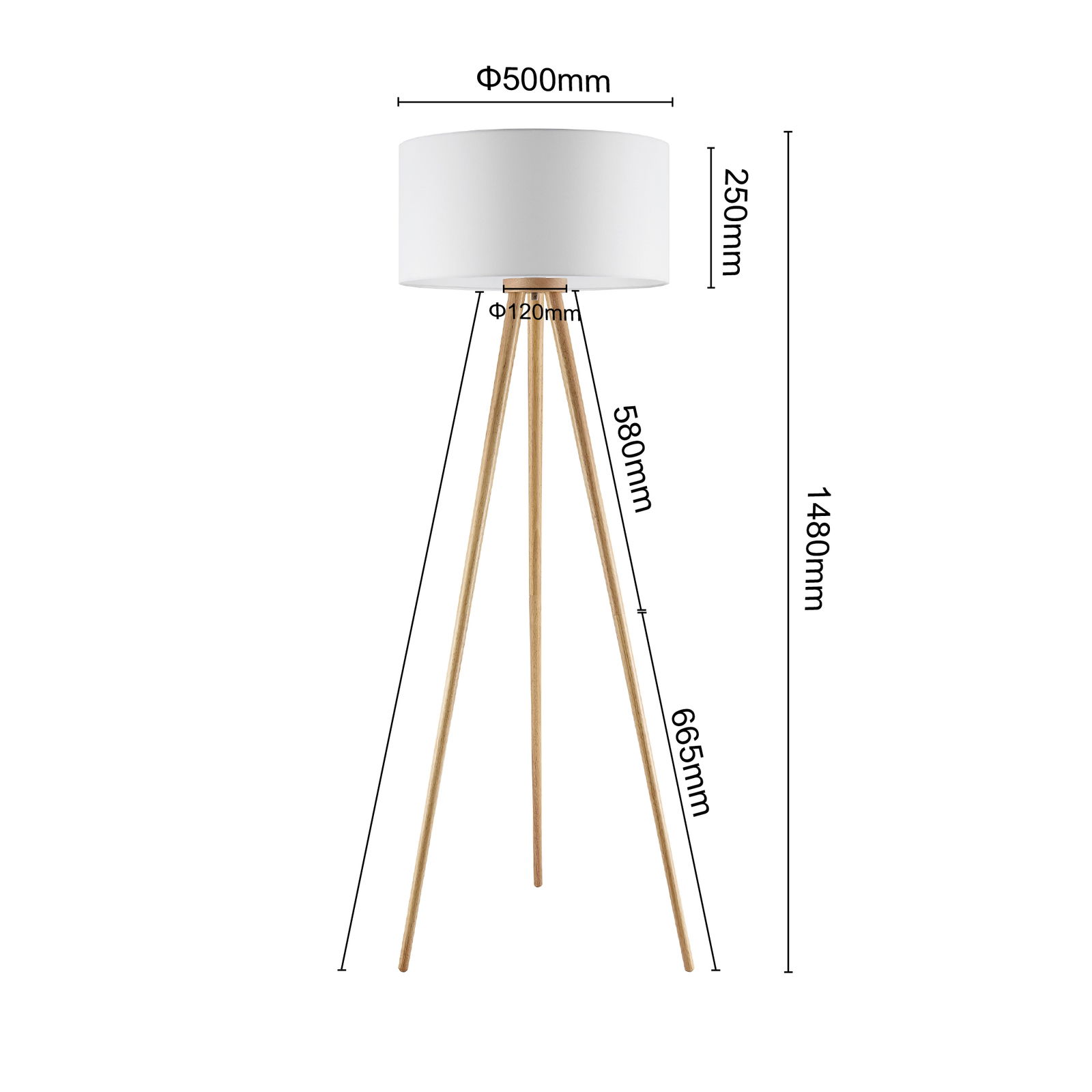 Stehleuchte mit dreibeinigem Holzgestell und weißem Lampenschirm, seitliche Perspektive