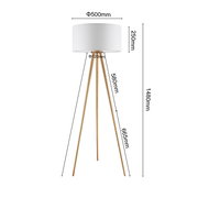 Stehleuchte mit dreibeinigem Holzgestell und weißem Lampenschirm, seitliche Perspektive