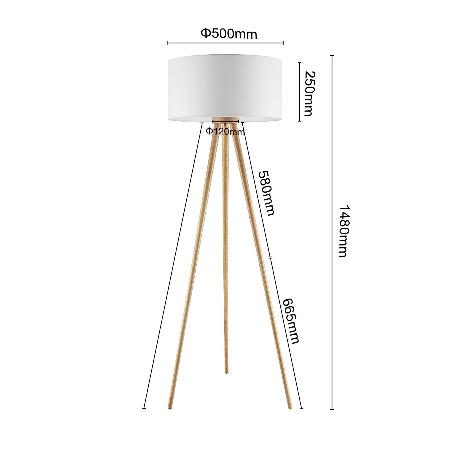 Stehleuchte mit dreibeinigem Holzgestell und weißem Lampenschirm, seitliche Perspektive