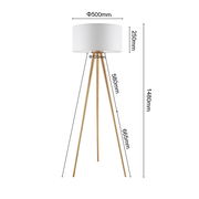 Stehleuchte mit dreibeinigem Holzgestell und weißem Lampenschirm, seitliche Perspektive