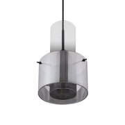 Moderne Hängeleuchte mit transparentem, zylindrischem Schirm aus Glas, von unten betrachtet.