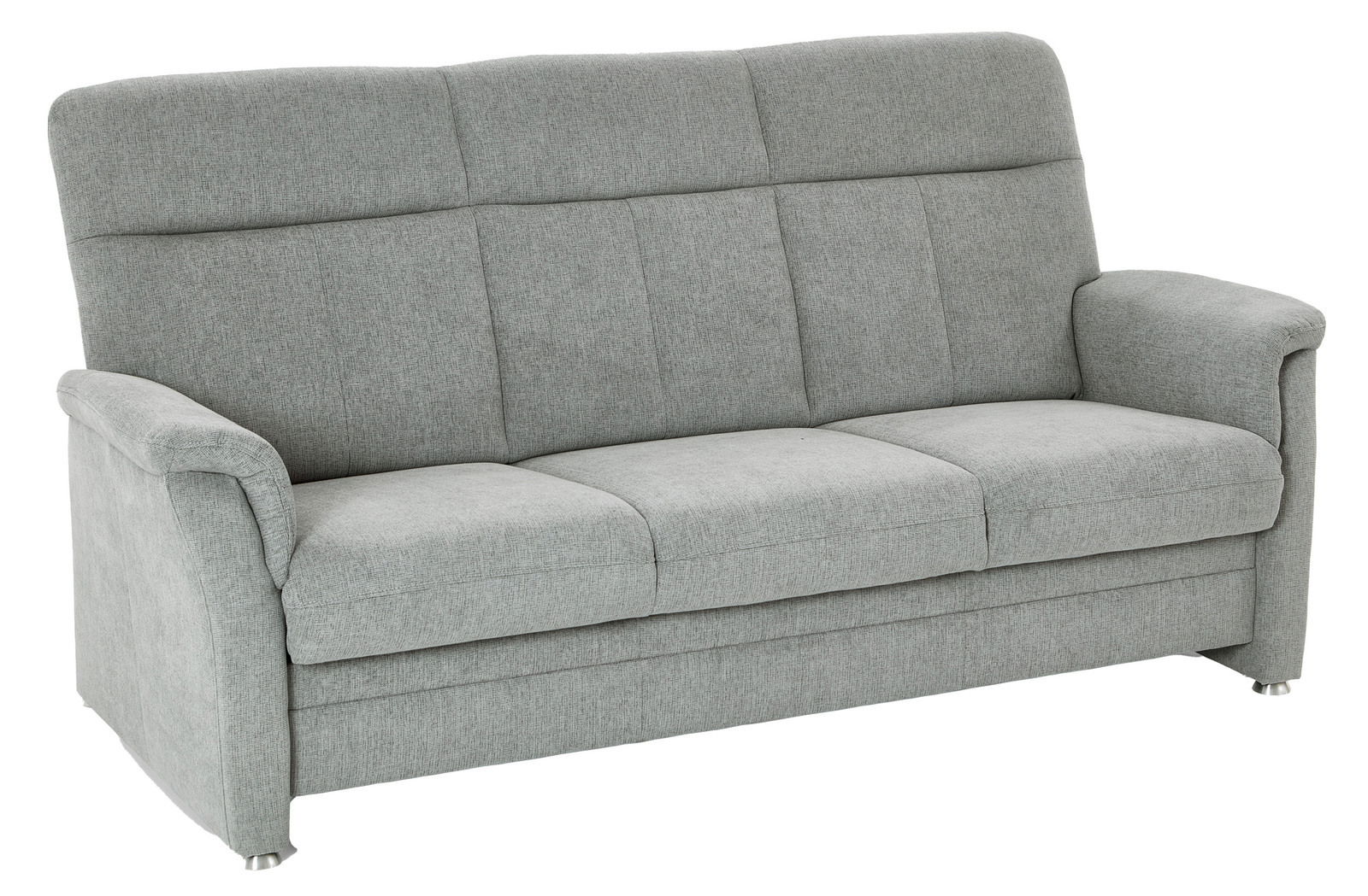 Graues 3-Sitzer-Sofa Beldomo ZARA, Vorderansicht, mit gepolsterten Armlehnen und hohem Rücken.
