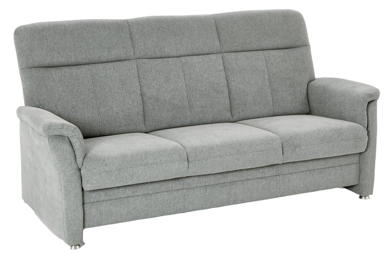Beldomo Comfort Driezitsbank ZARA Graues 3-Sitzer-Sofa Beldomo ZARA, Vorderansicht, mit gepolsterten Armlehnen und hohem Rücken.