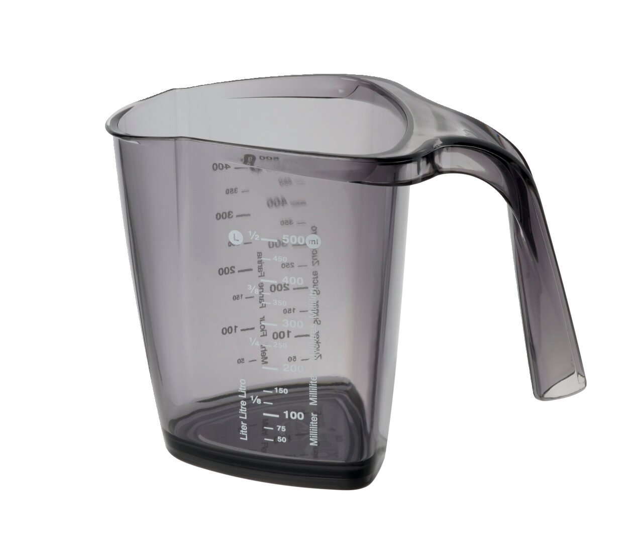 Transparenter 500ml Messbecher mit Griff, seitliche Perspektive