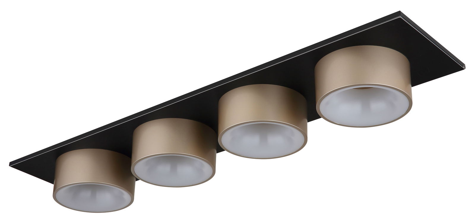 Moderne Deckenleuchte mit vier zylinderförmigen, goldfarbenen Lampenschirmen auf einer rechteckigen schwarzen Basis, seitliche Perspektive