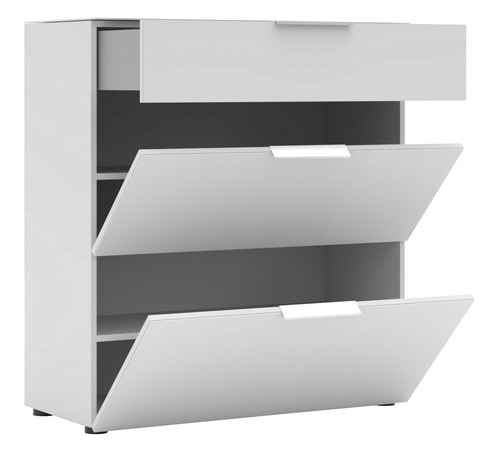 Weißer Schuhschrank mit drei Klappen, teilweise geöffnet, seitliche Perspektive