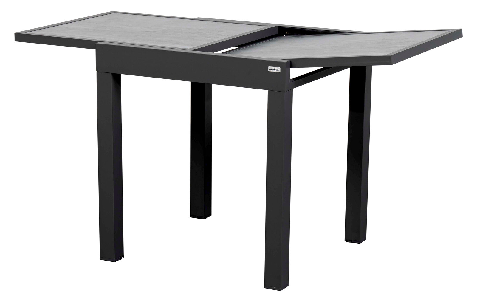 Moderner, rechteckiger Gartentisch in dunklem Design mit erweiterbarer Tischplatte, seitliche Perspektive.