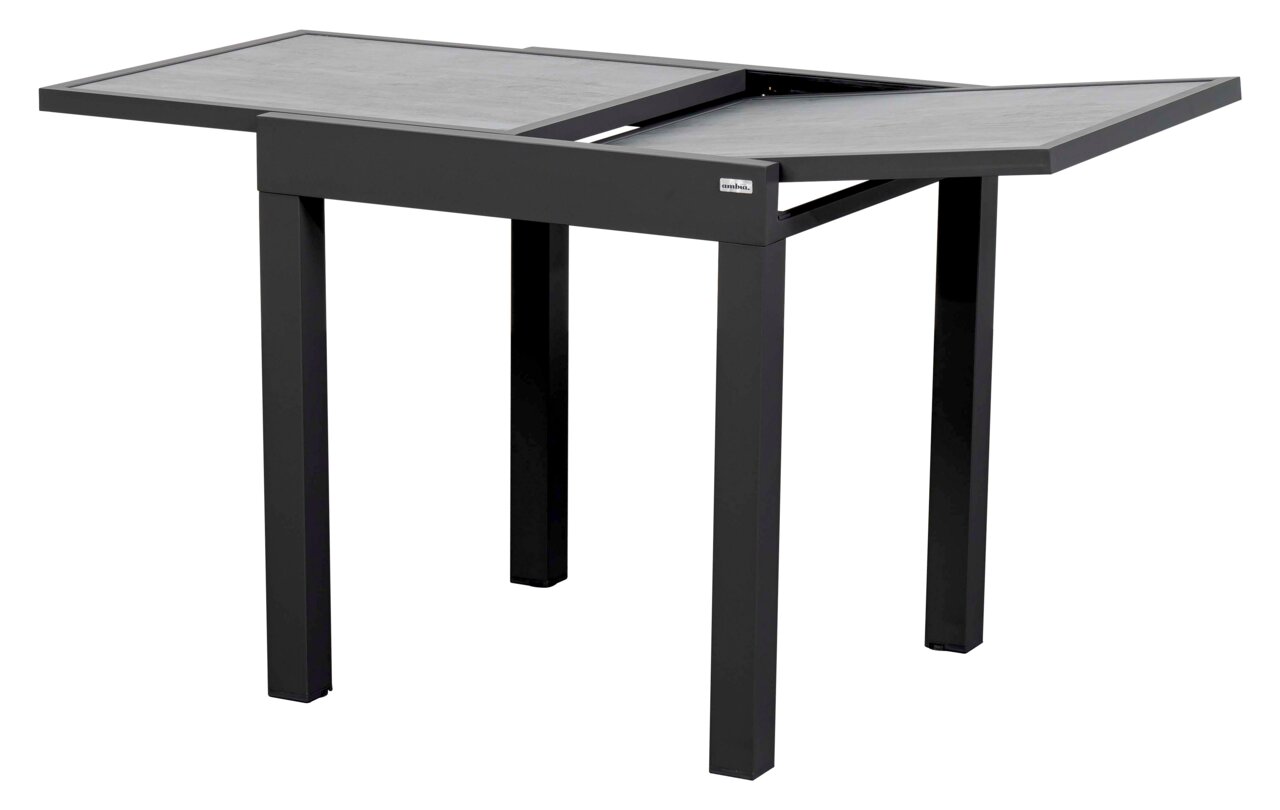Moderne, rechthoekige tuintafel in een donkere uitvoering met uitschuifbaar tafelblad, gezien vanaf de zijkant.