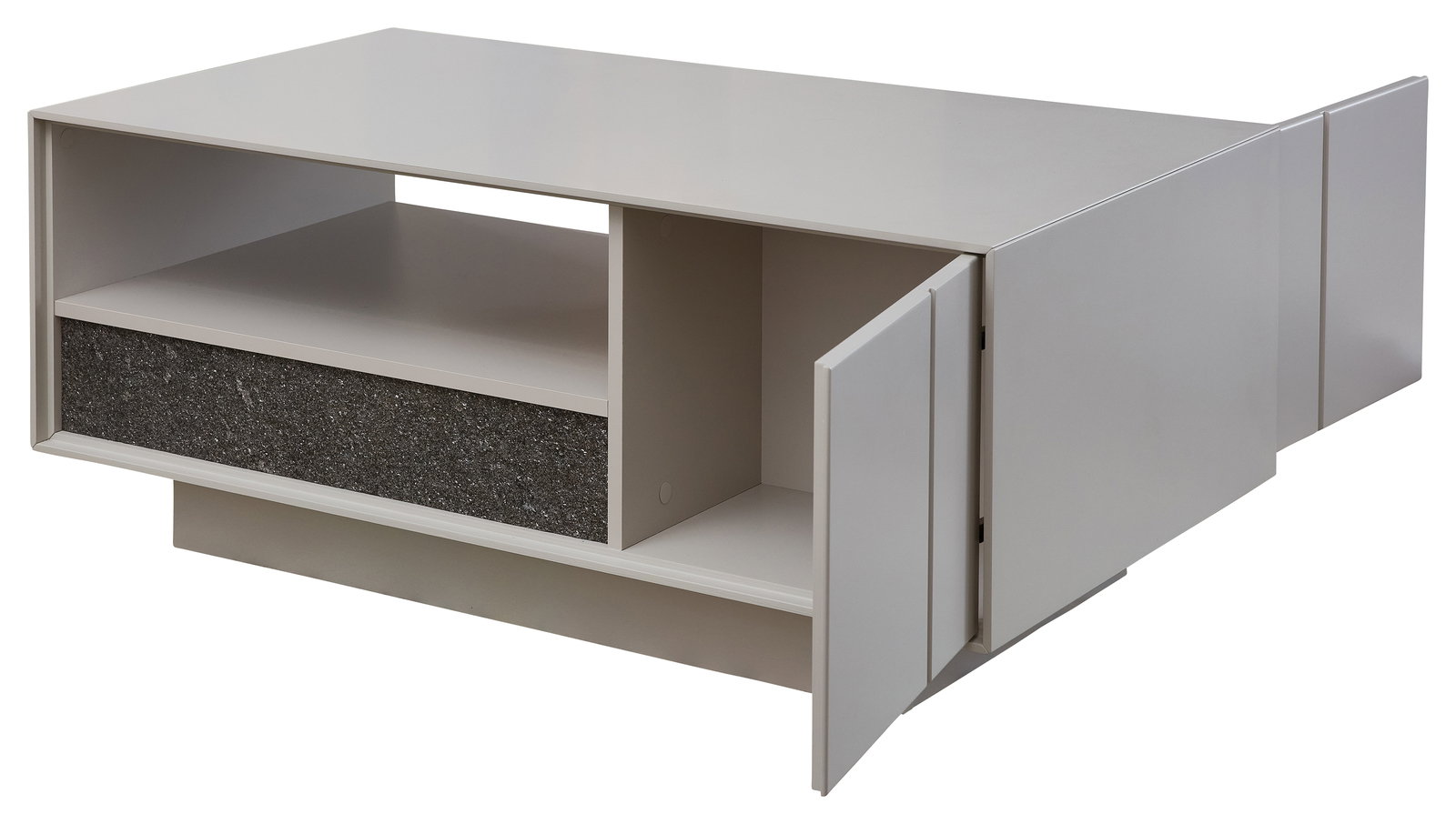 Moderner Couchtisch mit offener Ablage und Schublade, seitliche Perspektive