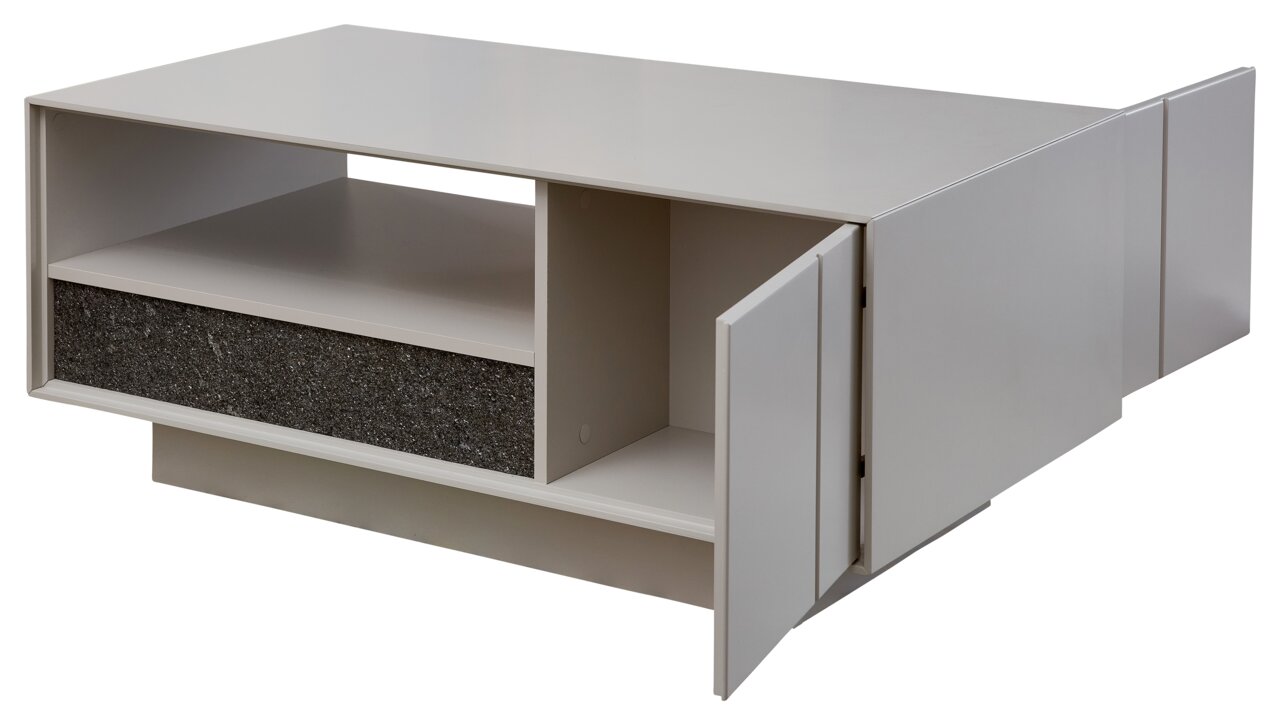 Moderner Couchtisch mit offener Ablage und Schublade, seitliche Perspektive