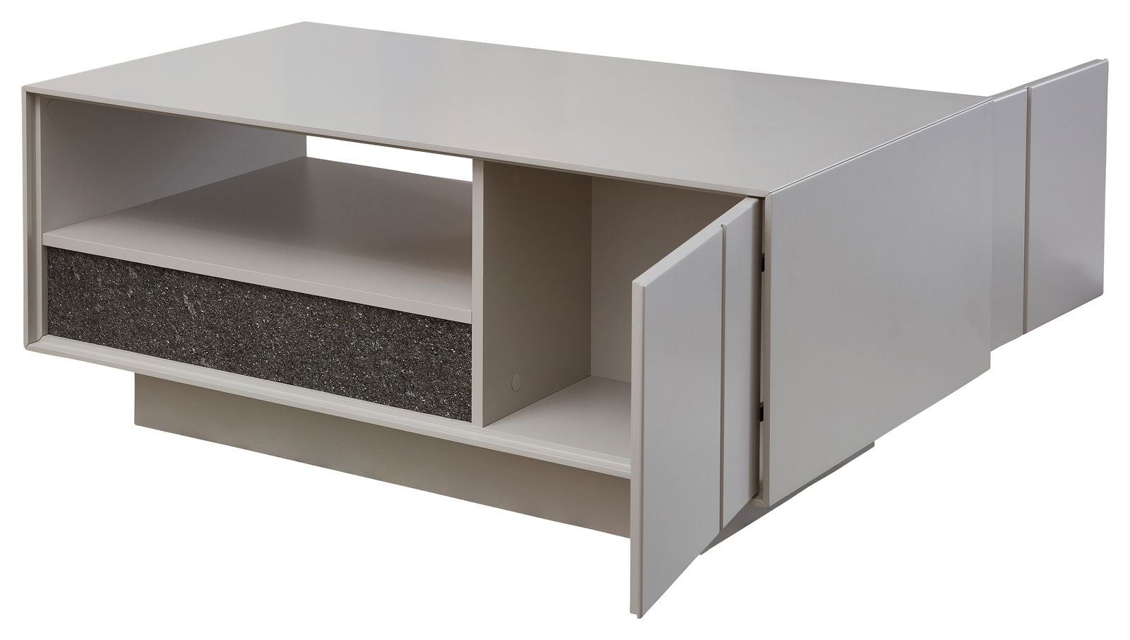 Moderner Couchtisch mit offener Ablage und Schublade, seitliche Perspektive