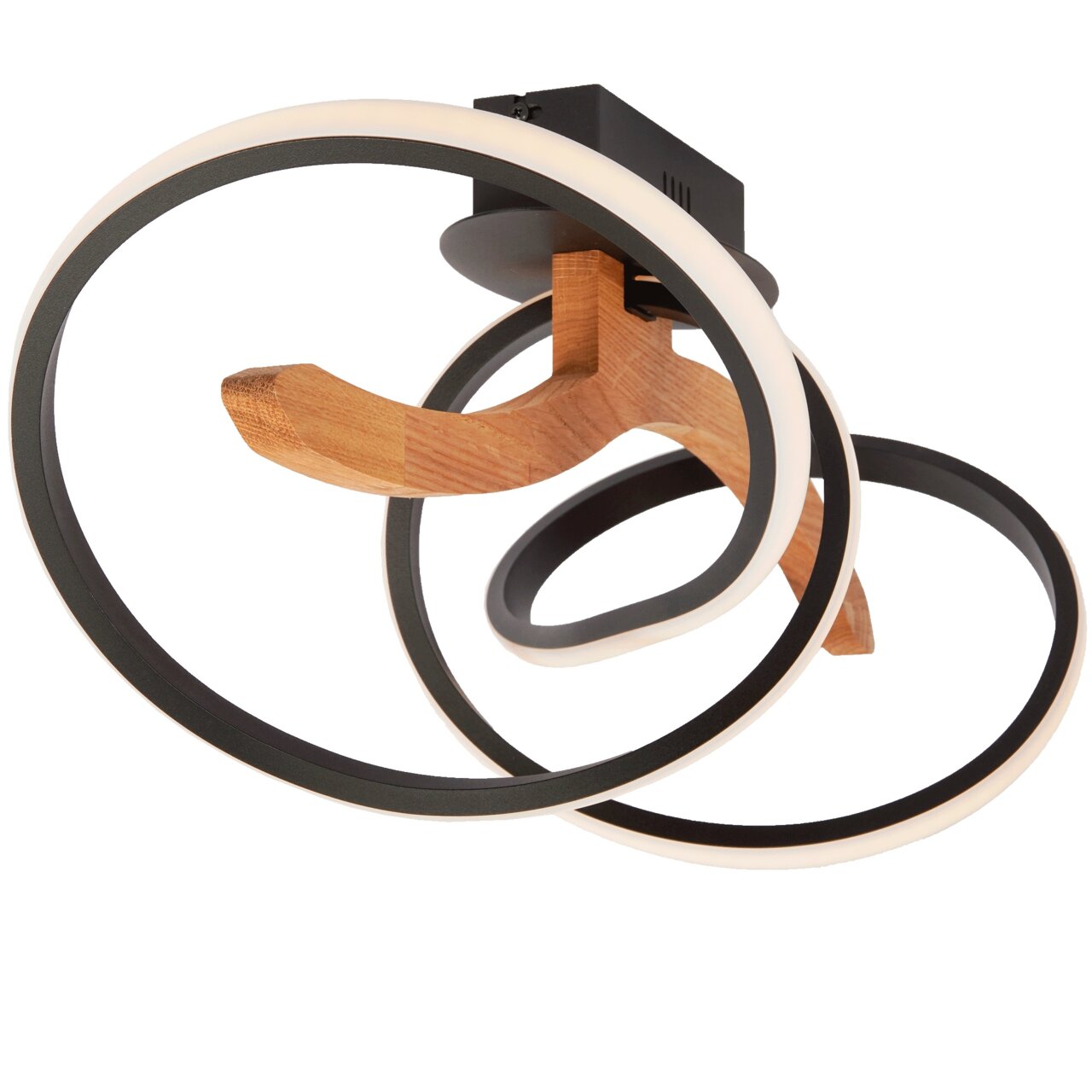 Moderne LED-Deckenleuchte mit Holz- und Metallringen, seitliche Perspektive
