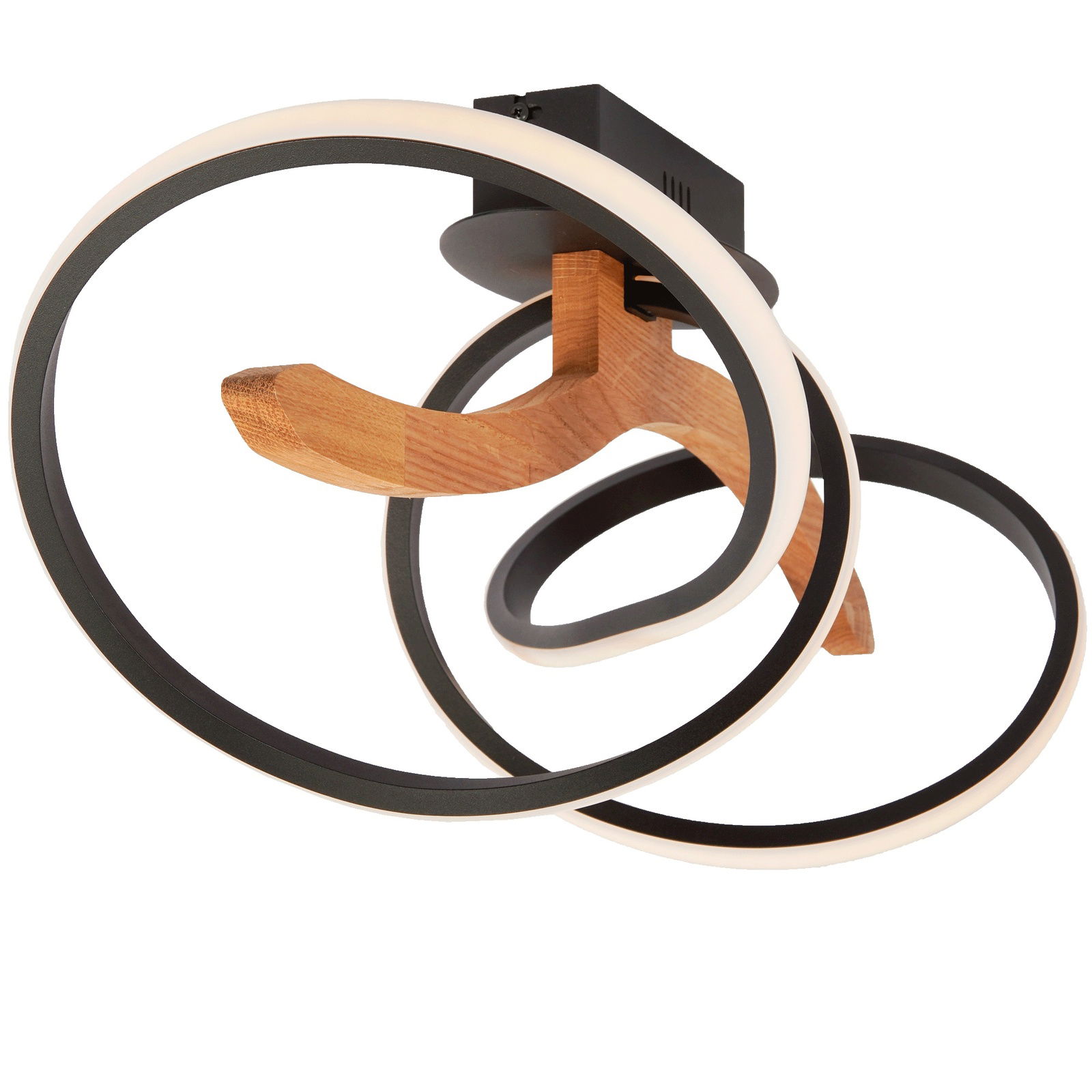 Moderne LED-Deckenleuchte mit Holz- und Metallringen, seitliche Perspektive