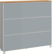 Moderne Kommode mit drei Schubladen, grauen Fronten, weißem Korpus und Holzplatte, freigestellt in frontaler Ansicht mit leichter Perspektive von links oben