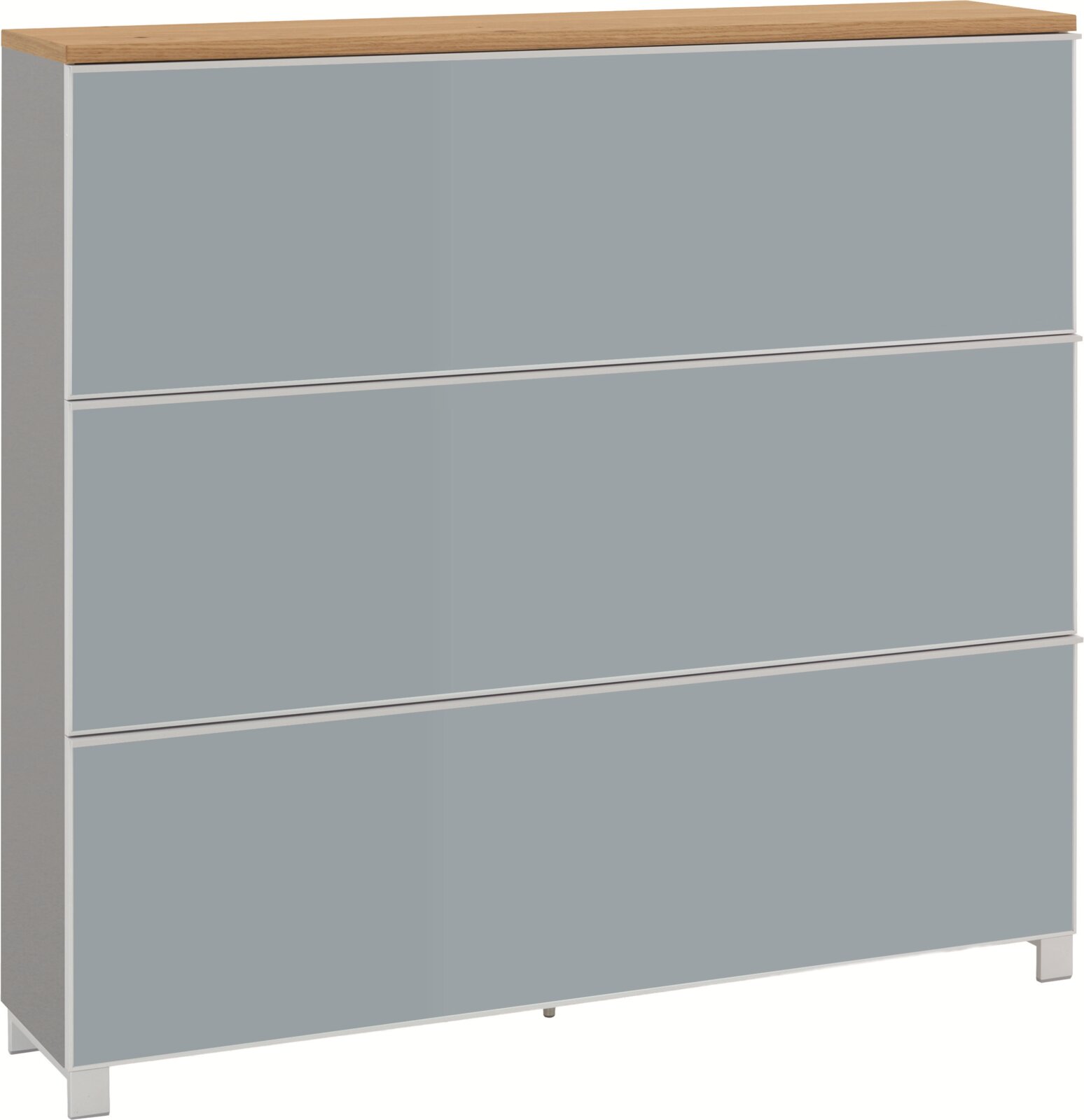 VOSS XXL-Schuhschrank VORTINA Moderne Kommode mit drei Schubladen, grauen Fronten, weißem Korpus und Holzplatte, freigestellt in frontaler Ansicht mit leichter Perspektive von links oben