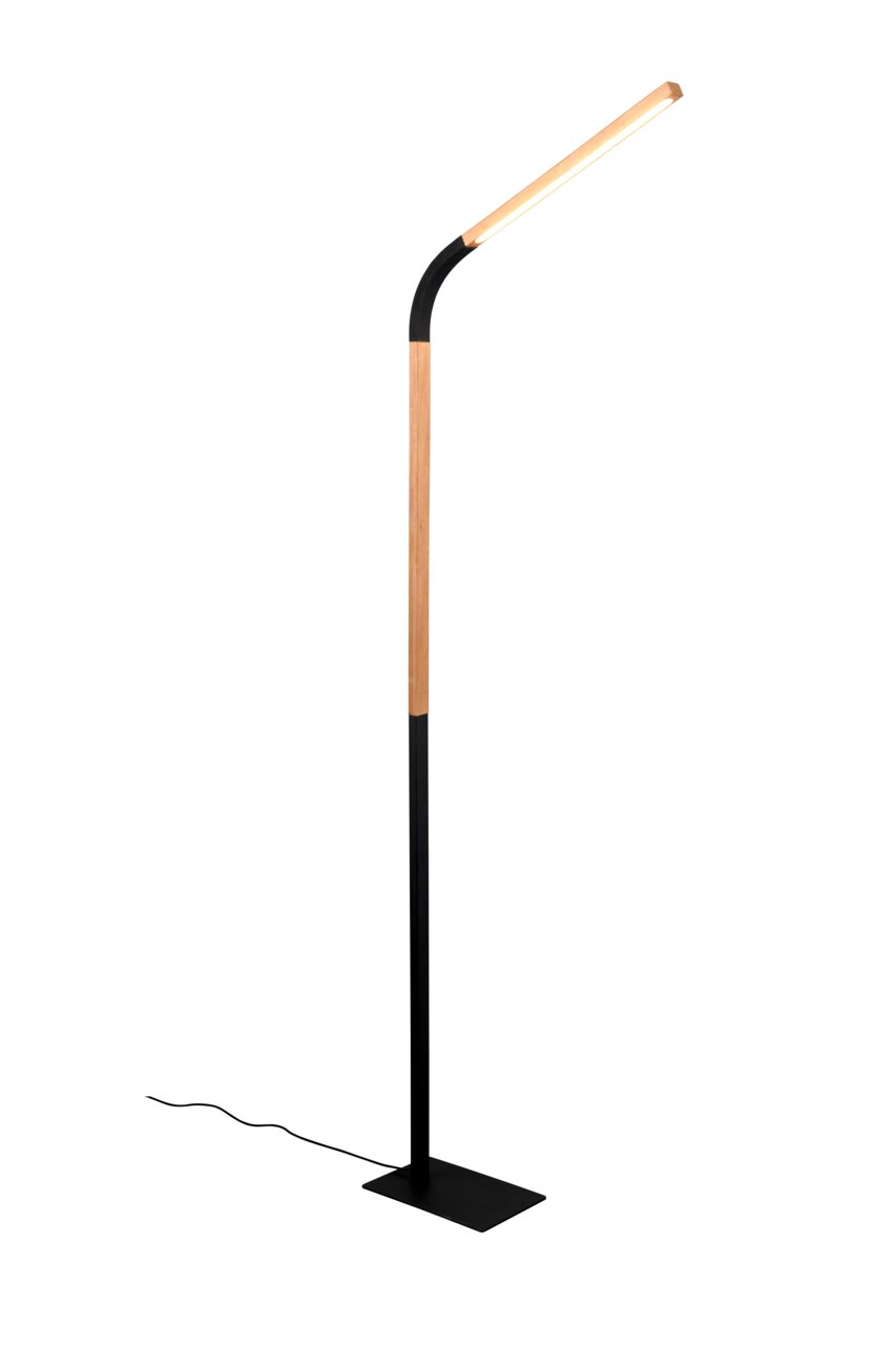 Moderne Stehleuchte Norris mit schlankem, gebogenem Design in Holz- und Schwarztönen, seitliche Perspektive.