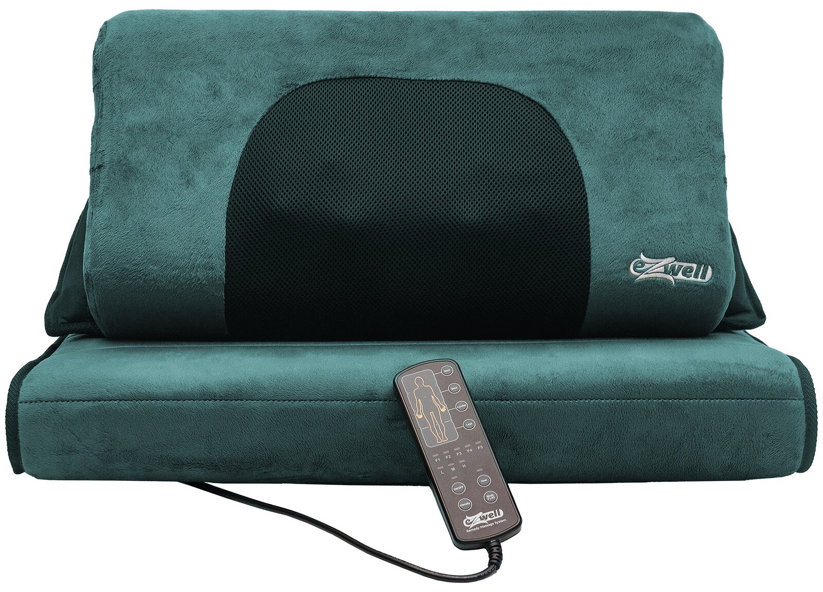 Grünes Shiatsu-Massagekissen mit Rückenauflage und kabelgebundener Fernbedienung, Frontansicht